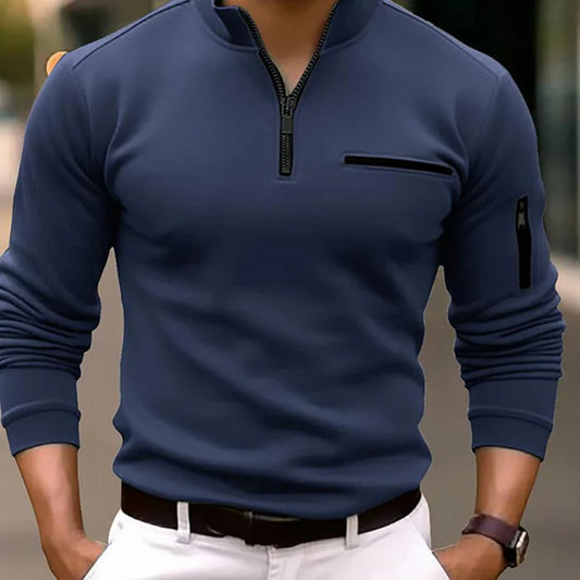 Solid Colour Zipper Polo Shirt