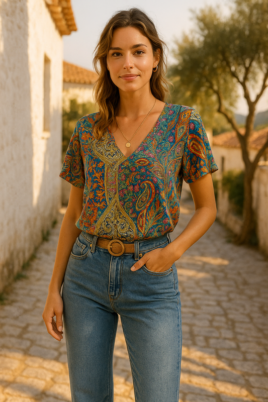 V-Neck Patterned Top for Women